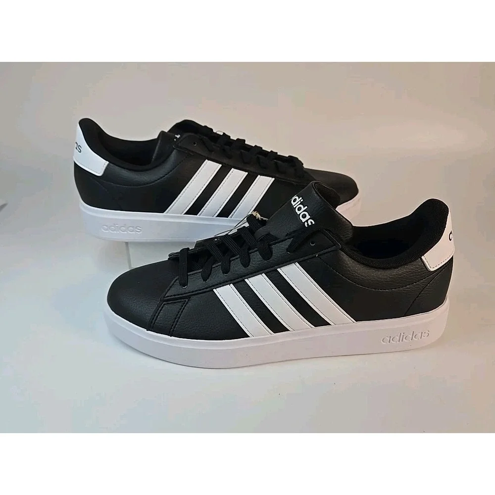 Adidas Mens Size 9.5 Grand Court 2.0 Shoes Black w/ White Stripes GW9195 Sneaker
